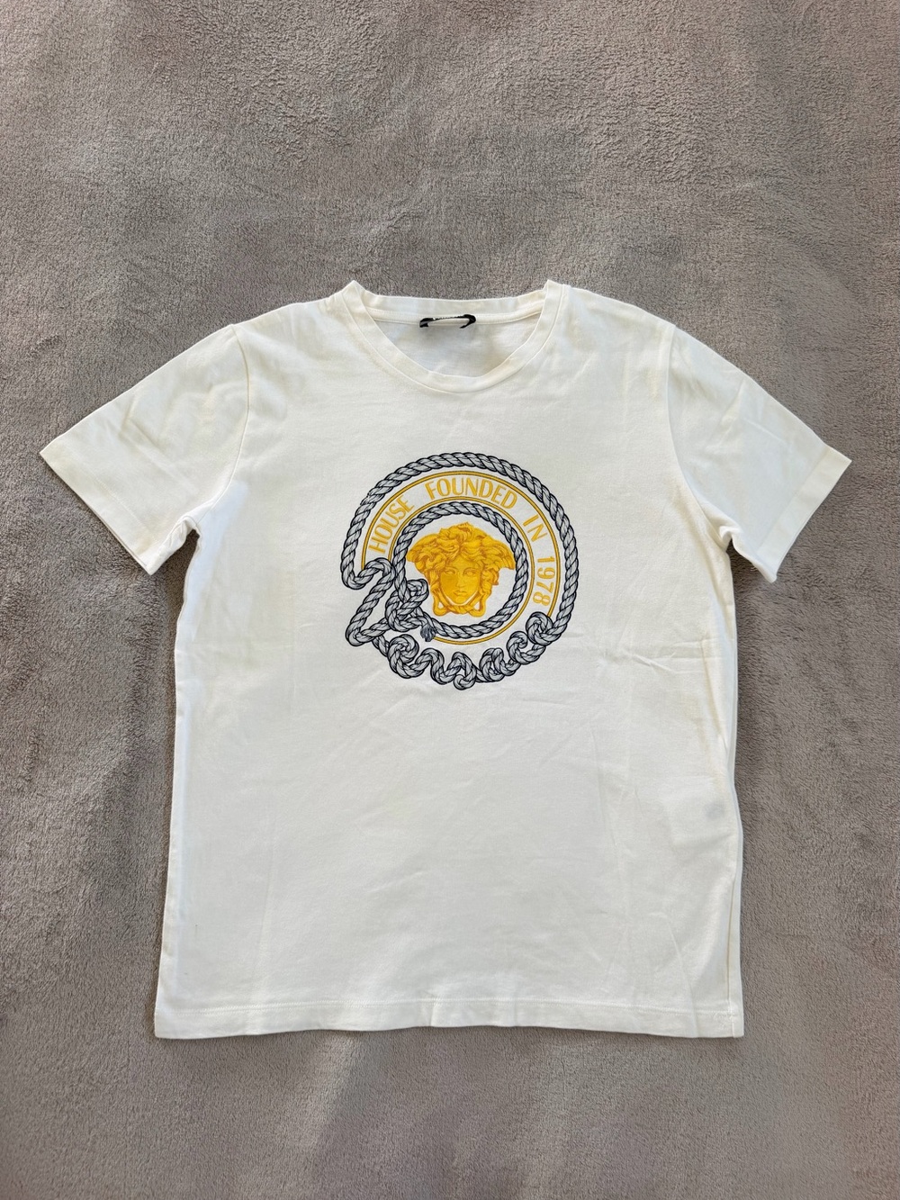 Versace White Crewneck T-Shirt with Yellow Medallion Graphic Size S